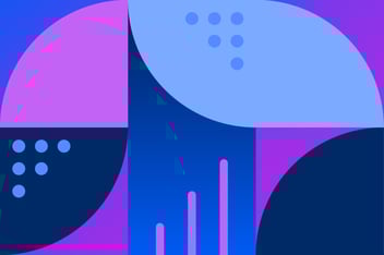 Image of blue and purple graphical illustrations of shapes and graphs representing ad measurement industry benchmarks.