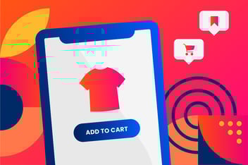 Graphical illustration of a smartphone with an "add to cart" button representing social media shopping.