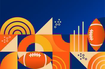 Abstract geometric design with overlapping circles, lines, and shapes in shades of blue, orange, and yellow.