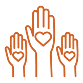 Icon image of hands with hearts on them representing diversity.