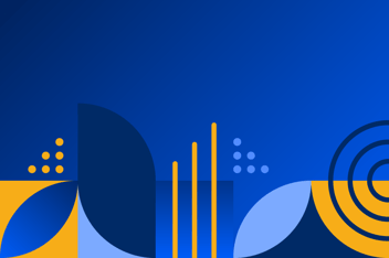 Abstract design with a blue background, featuring geometric shapes like circles, lines, and semicircles in shades of blue, orange, and yellow