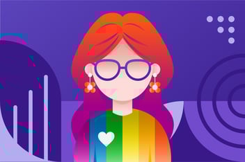 Graphical image of a female presenting person wearing a rainbow shirt representing the pride flag.