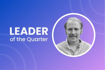 blue and purple background with a black and white headshot representing brand experience