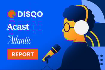 Graphic image of a person doing podcast advertising with a microphone.