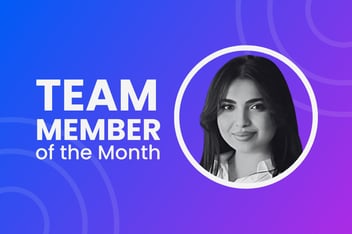blue and purple pattern with a black and white headshot representing brand experience
